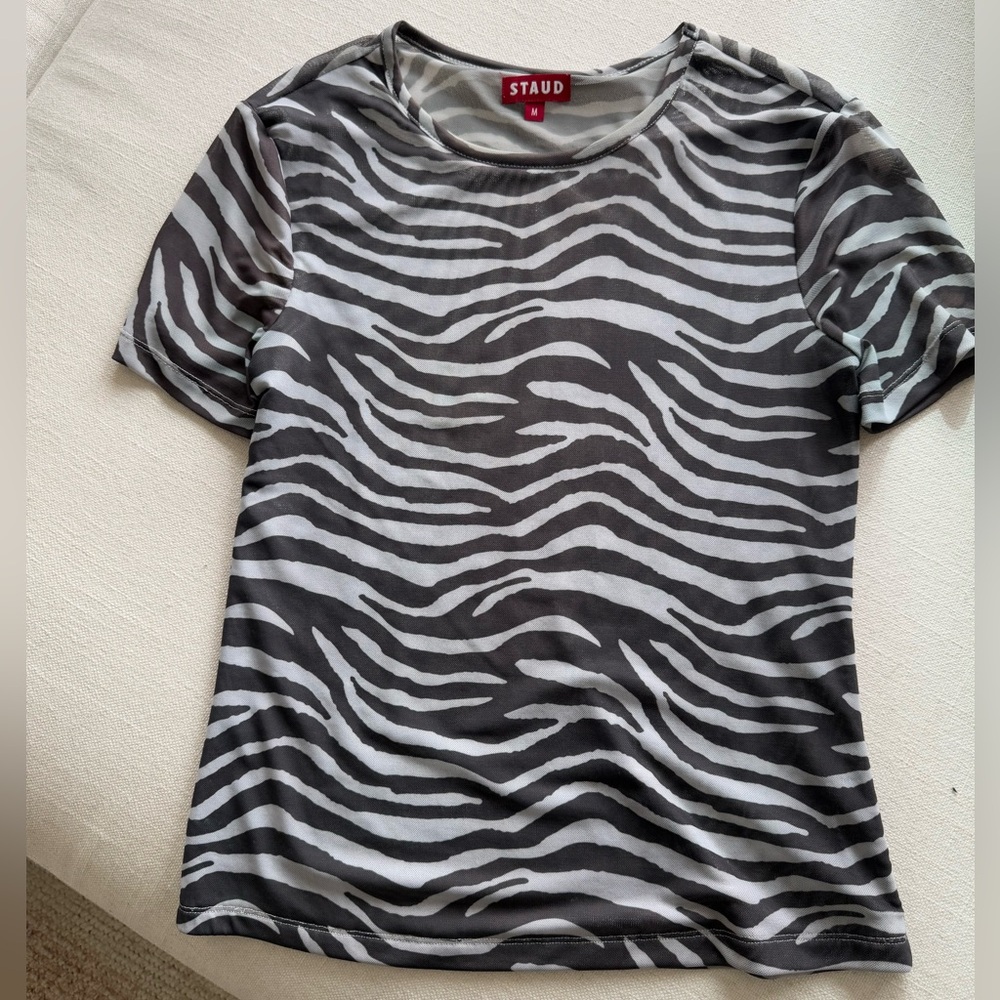 Staud Top Womens Animal Zebra Print Brown Short Sleeve M